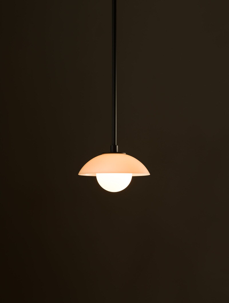 Dome Pendant Mini shown in Maker Black, Opal Dome, Matte White Globe.